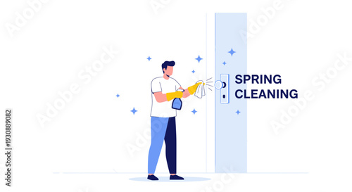 Man Polishing Door Knob With Cleaning Supplies For Spring Clean