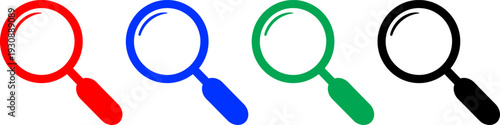 Magnifying glass set with colorful glass lens icons for search zoom and research on transparent back