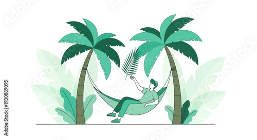 Man Relaxing In Hammock Under Palm Trees Peaceful Tropical Getaway