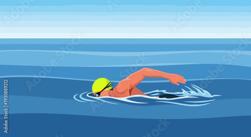 Man Swimming Freestyle Stroke Across Open Water
