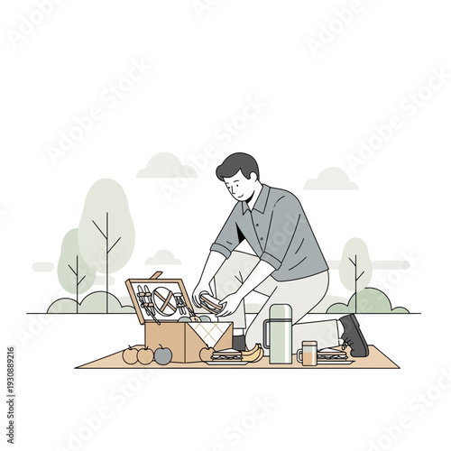 Man Preparing A Delicious Picnic Spread Outdoors In A Peaceful Natural Setting