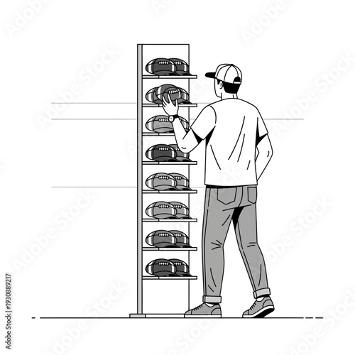 Man Selecting American Footballs from a Display Shelf