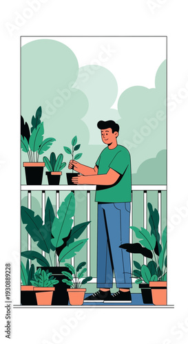 Man Tend Gardening Balcony Plants Urban Oasis Home Greenery Lifestyle