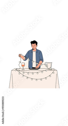 Man Preparing Beverage Setup With String Lights and Glassware on Table