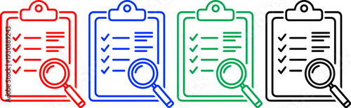 Checklist clipboard magnifying glass red blue green black line vector icons