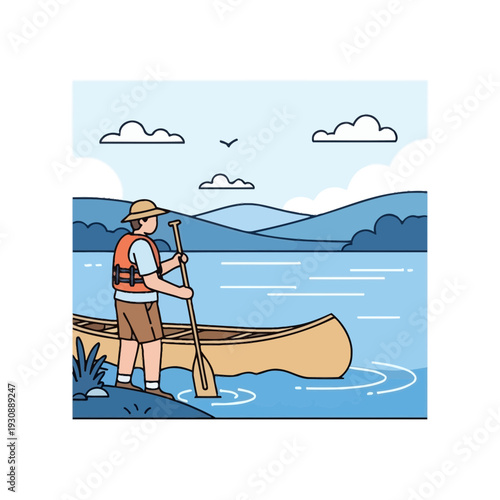Man Preparing Canoe For Serene Lake Adventure On A Sunny Day