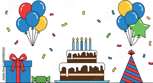 Birthday Party Celebration Illustration with Cake, Balloons, Gifts, Confetti, and Festive Decorations for Holiday Events, Greetings, and Fun Designs