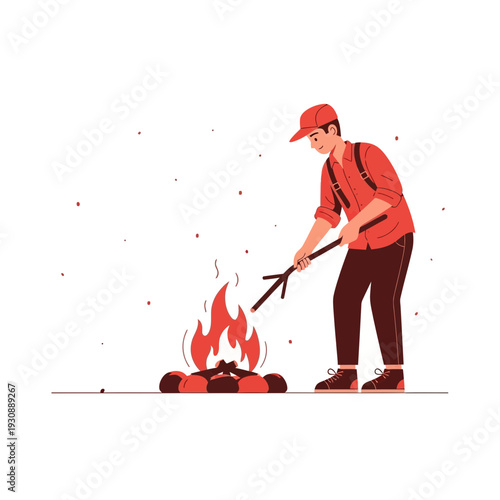 Man Tending Campfire Outdoor Adventure Recreation Activity Illustration
