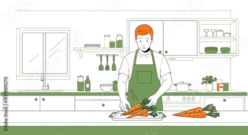 Man Preparing Carrots In A Modern Kitchen Line Art Illustration