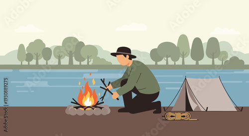 Man Tending Campfire By Lakeside With Tent And Forest Background