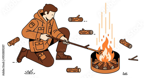 Man Tending Campfire With Logs And Stick For Outdoor Adventure