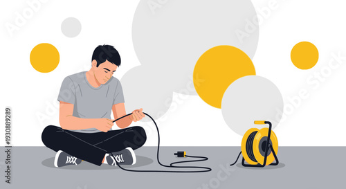 Man Preparing Electrical Cord For Use With Extension Reel