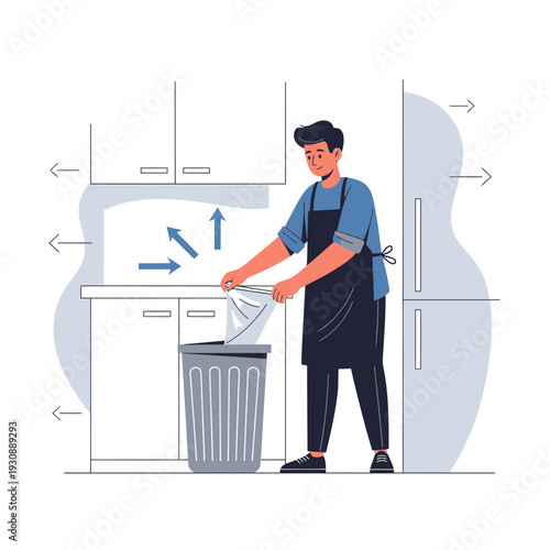 Man Tiding Up Kitchen Waste Efficiently With Arrows Indicating Cleanliness Flow