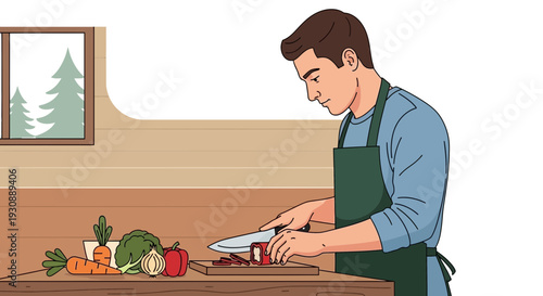 Man Preparing Fresh Vegetables For Healthy Meal On Wooden Countertop