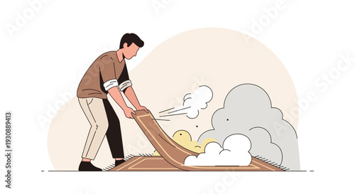 Man Shaking Out Dusty Carpet with Gusts of Dust and Fluff