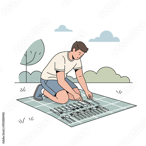 Man Setting Up Picnic Blanket With Cutlery Outdoor Dining Preparation