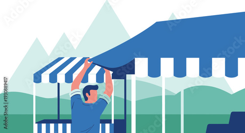 Man Setting Up Canopy For Outdoor Market stall