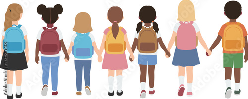 Back View of Diverse School Children Holding Hands with Backpacks Vector Illustration in Flat Cartoon Style Isolated on White