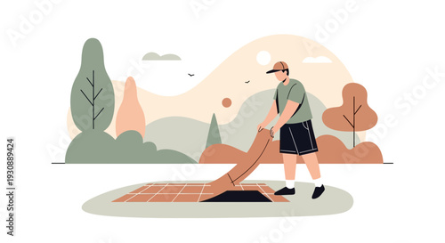 Man Unrolling Picnic Blanket Outdoor Scenic Landscape Illustration
