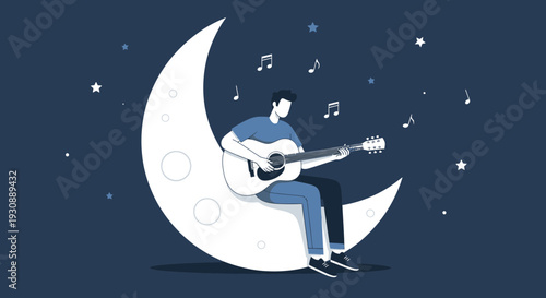 Man Sits On Moon Playing Guitar Amidst Stars And Music Notes