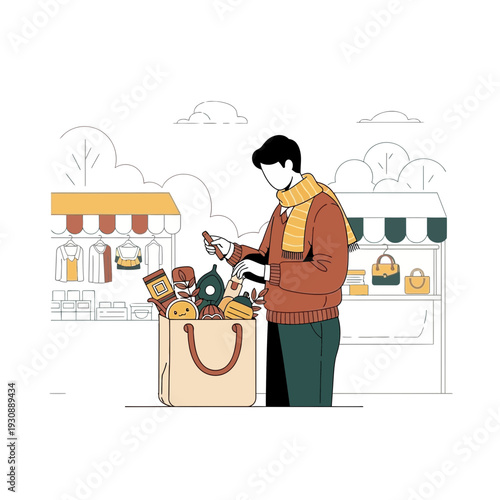 Man Shopping At Outdoor Market With Full Shopping Bag And Phone