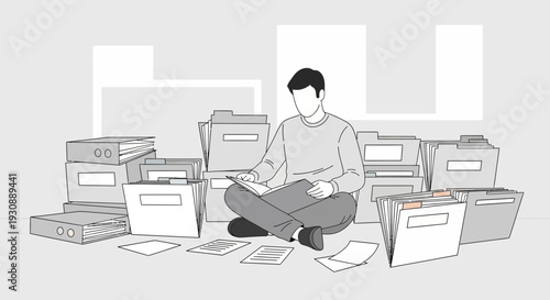 Man Sitting Amidst Stacks Of Files And Documents Engaged In Reading