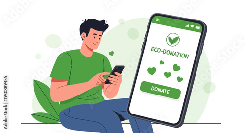 Man Using Smartphone For Environmental Donation And Eco-Friendly Giving Concept
