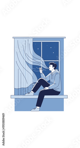 Man Sitting By Open Window Gazing At Starry Night Sky