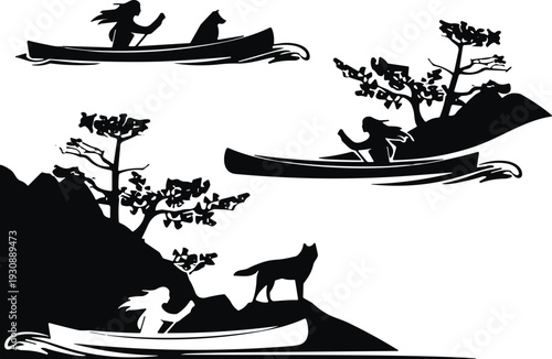 Silhouette girl canoeing with dog, mountain lake adventure, wilderness nature scene, minimalist outdoor illustration, travel exploration artwork