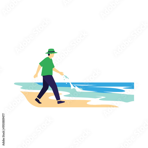 Man Walking By The Ocean Enjoying A Serene Beach Day