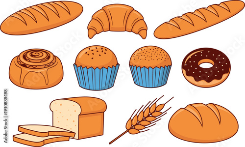 Bakery Bread and Pastry Vector Set with Loaf, Baguette, Croissant, Muffin, Donut, and Wheat Icons for Food Designs
