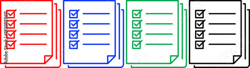 Document check list icon set with red blue green and black colors on transparent background graphic