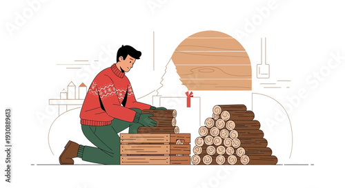 Man Stacking Firewood Next To Cozy Hearth With Festive Decorations