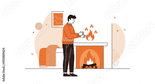 Man Warming Hands By A Cozy Fireplace