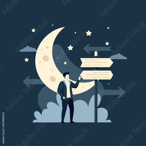Man Standing At Crossroads Under Starry Moonlit Night Sky