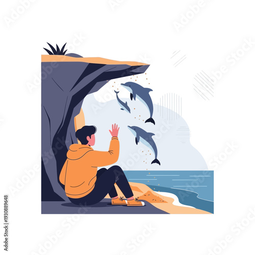 Man Watches Dolphins Leap From Cliffside Perch Overlooking Ocean