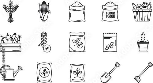 Agriculture farming line icons set with wheat corn flour seeds fertilizer tools and organic produce vector illustration isolated on white