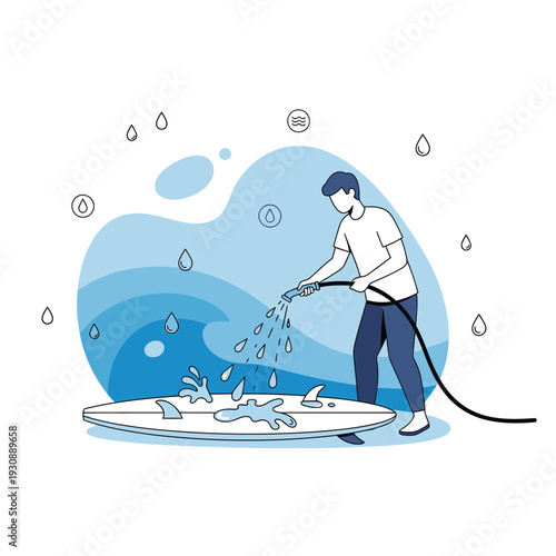 Man Washing Surfboard After Ocean Adventure Refreshing Water Spray Action