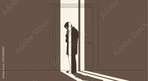 Man Standing In Doorway Bathed In Light Pondering Decisions