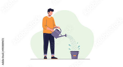 Man Watering A Bucket Simple Flat Illustration