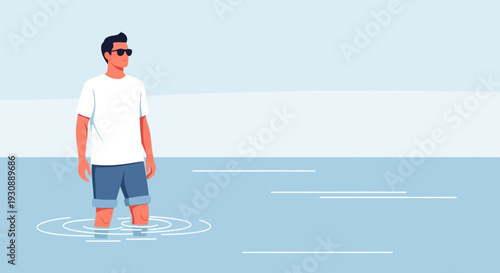 Man Standing In Shallow Water On Sunny Day