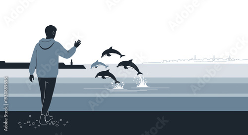 Man Waves To Playful Dolphins Leaping From The Water Near A City Skyline
