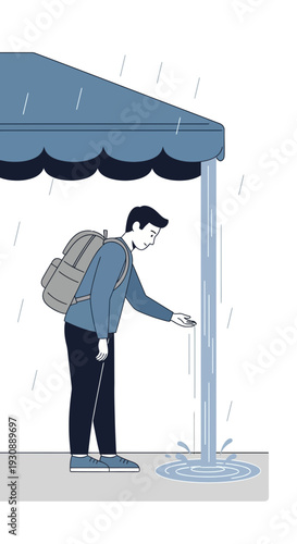 Man Standing Under Awning During Heavy Rainfall Testing Drops
