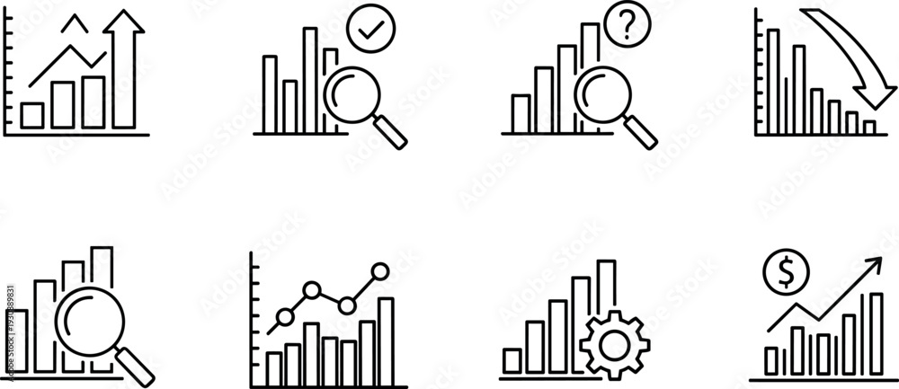 Obraz premium Business Analytics Line Icon Vector Set with Charts, Graphs, Statistics, Growth Analysis, Financial Reports, and Data Visualization Symbols