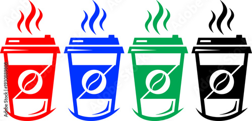 Coffee cups with steam, red blue green and black, stylized icons with coffee bean