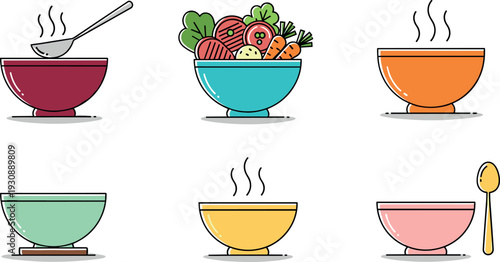 Bowl and Soup Icon Set with Hot Meals Salad and Serving Utensils for Food Apps Restaurant Menus Nutrition Guides and Flat Vector Illustrations