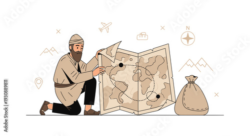 Man Studying Ancient Map Planning Adventure Journey To Distant Lands