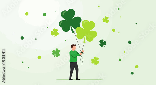 Man With Lucky Clover Balloons Celebrates St Patricks Day Festivity