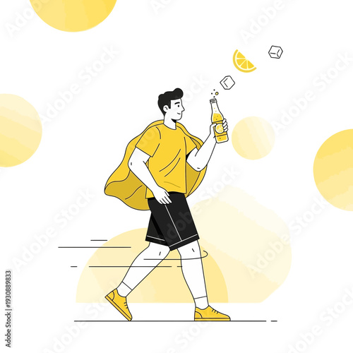 Man With Refreshing Drink Mid-Stride Energetic Outdoor Activity