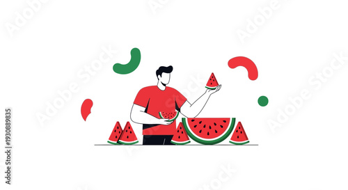 Man With Watermelon Slices Minimalist Illustration Summer Season Concept